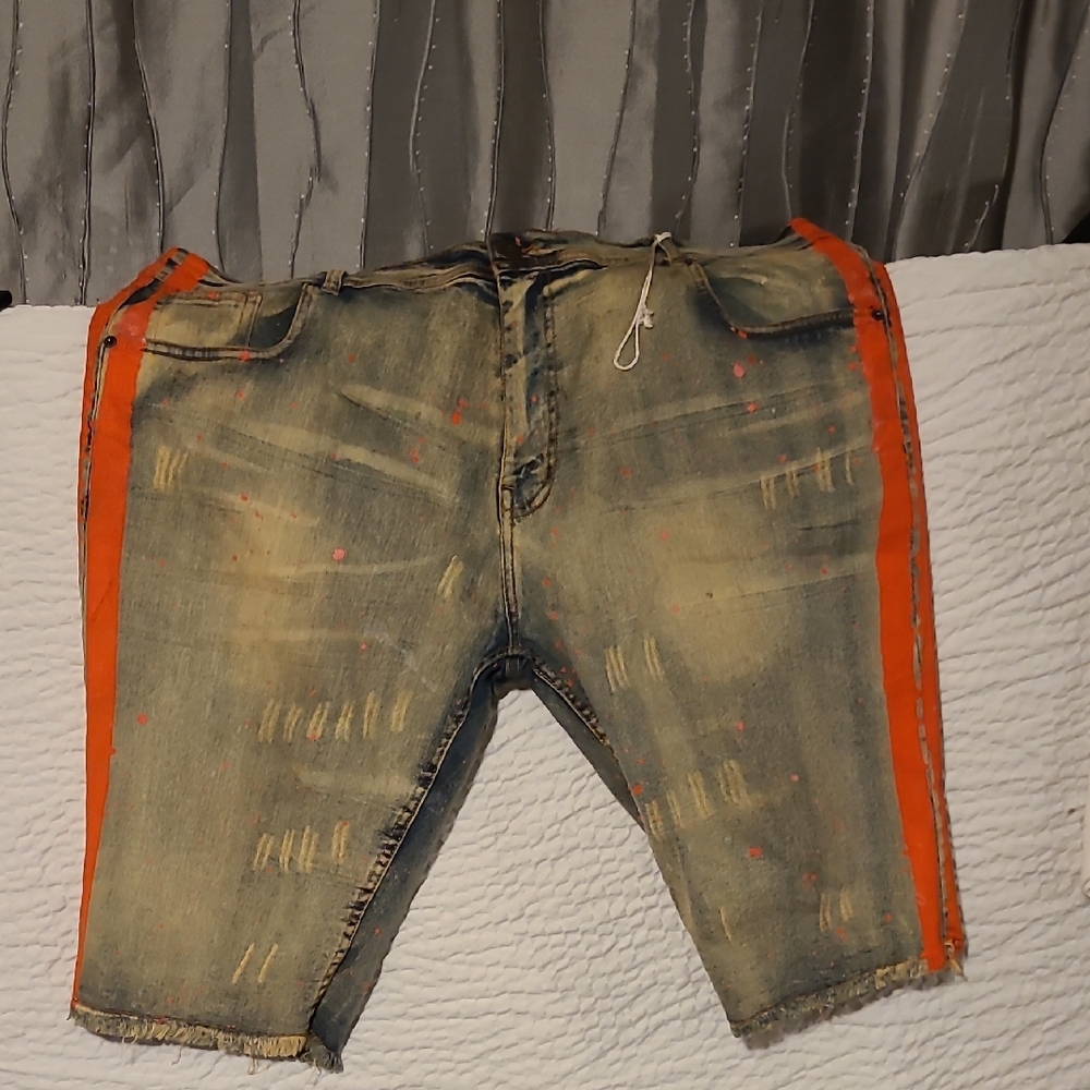 Men's Distressed Denim Shorts with Orange Stripes